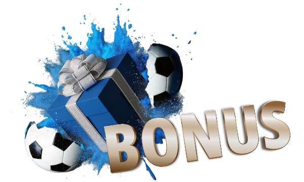 Sininen lahjapaketti hopeisilla nauhoilla, jalkapalloja ja isolla kullanvärinen teksti “Bonus” – kuvastaa kasinobonuksia ja etuja jalkapalloteemalla.
