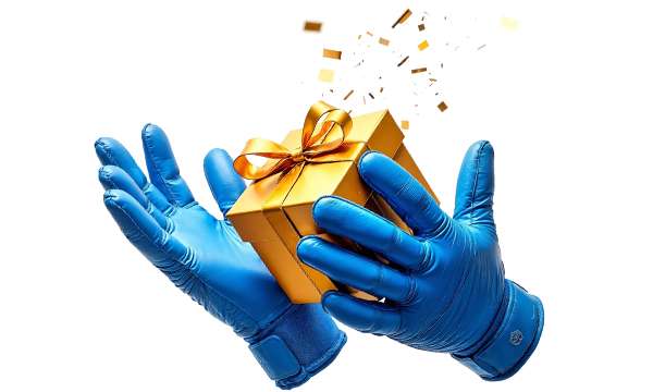 Jalkapallomaalivahdin siniset hanskat tarttuvat kultaiseen lahjapakettiin – kuva symboloi kasinobonuksia ja pelaajalle tarjottavia etuja.