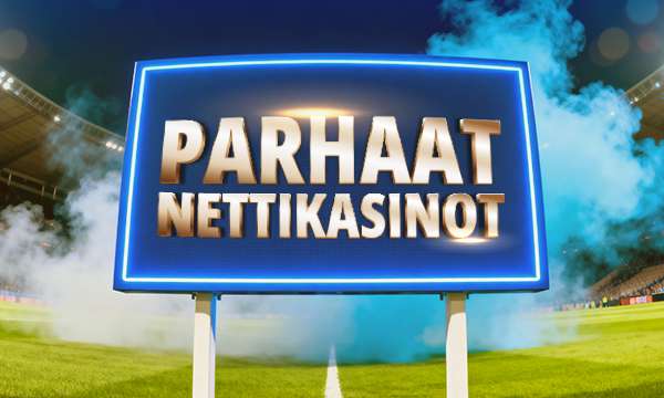 Tummansinisellä kyltillä teksti "Parhaat nettikasinot" nurmikentällä, taustalla stadionin katsomot ja soihdusta nousevaa savua – kuvastaa suurta pelielämystä ja luotettavia kasinoita suomalaisille.