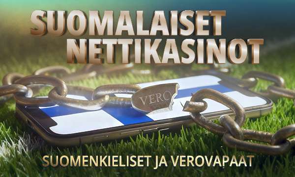 Älypuhelin lepää jalkapallonurmella, taustakuvana Suomen lippu. Puhelimen ympärillä katkenneet kahleet, joista kohta "vero" on murtunut. Kuvassa teksti: “Suomalaiset nettikasinot – suomenkieliset ja verovapaat”. Symboloi suomalaisille suunnattuja, verovapaita nettikasinoita.