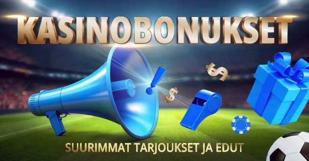 Jalkapallokenttä, megafoni, pelimerkkejä ja pilli symboloivat kasinobonuksia ja etuja. Kuvassa lukee “Kasinobonukset – Suurimmat tarjoukset ja edut".
