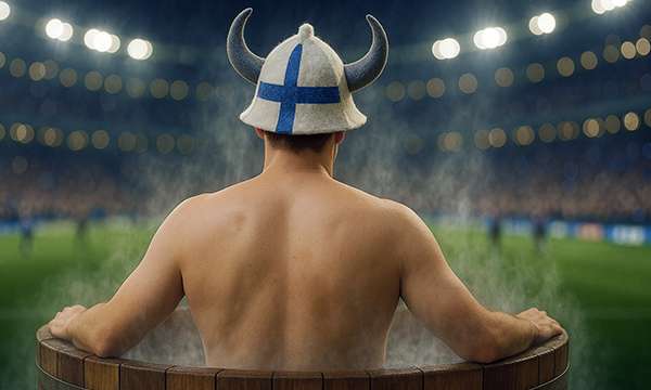 Suomi-hattuinen mies rentoutuu höyryävässä paljussa katsellen jalkapallo-ottelua suomalaisella stadionilla. Suomalaiset nettikasinot -teemakuva